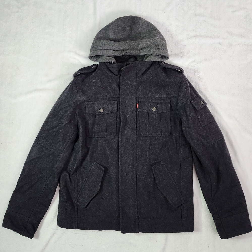 LEVI'S Men's Sz M Wool Blend Hooded Trucker Military Winter Jacket Charcoal Grey